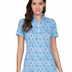 IBKUL Terra Print Short Sleeve Mock Neck - Seafoam/Blue
