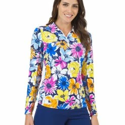 IBKUL Medeline Print Adjustable Long Sleeve Zip Polo - Orange Multi