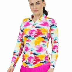 IBKUL Matilda Print Adjustable Long Sleeve Zip Polo - Hot Pink Multi